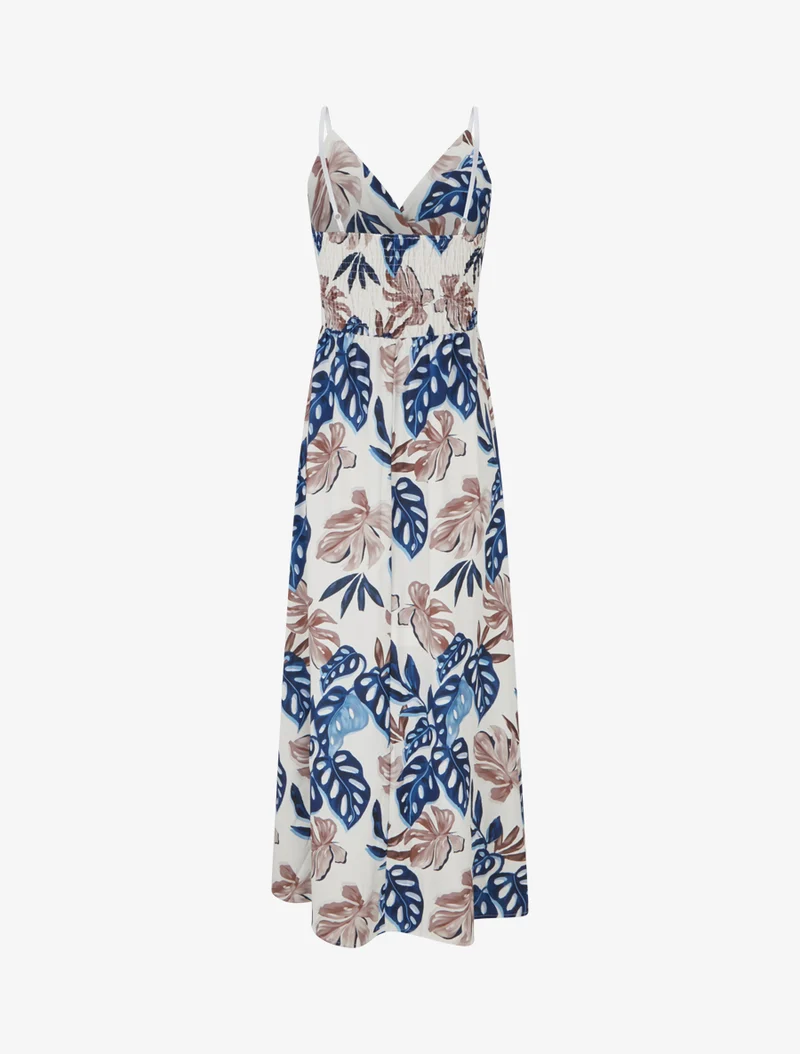 Robe longue à fines bretelles imprimé tropical - Marine