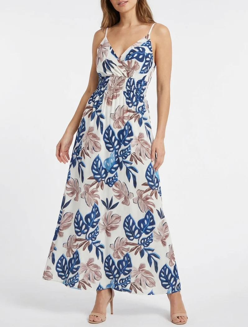 Robe longue à fines bretelles imprimé tropical - Marine