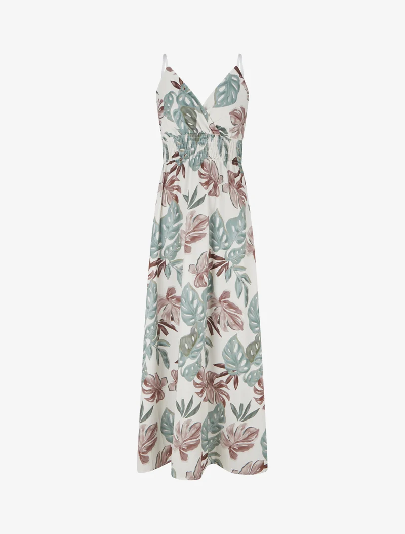 Robe longue à fines bretelles imprimé tropical - Kaki