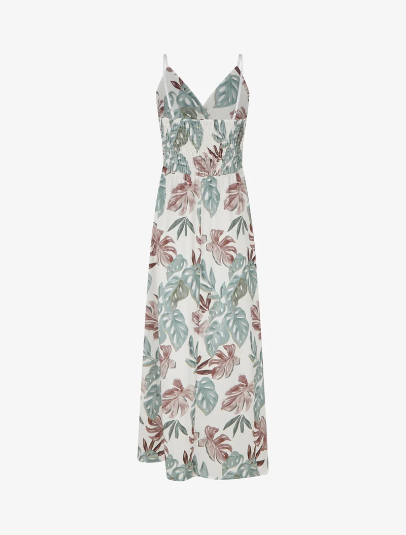 Robe longue à fines bretelles imprimé tropical - Kaki
