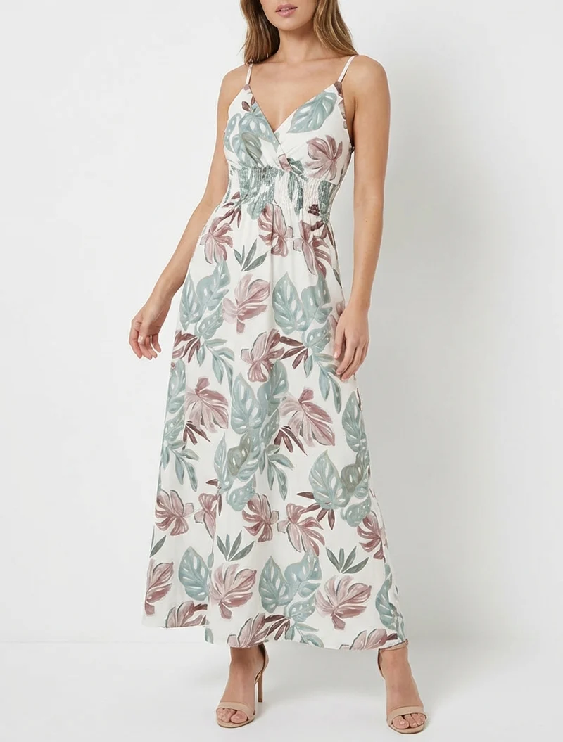 Robe longue à fines bretelles imprimé tropical - Kaki