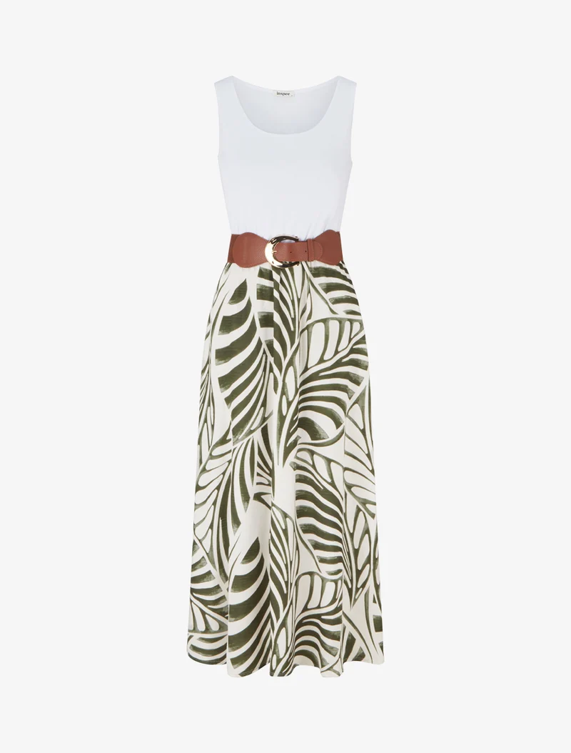 Robe longue sans manches imprimé feuilles - Kaki