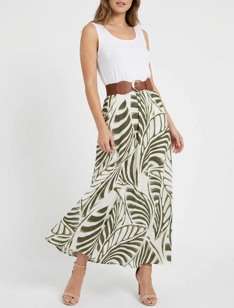 Robe longue sans manches imprimé feuilles - Kaki