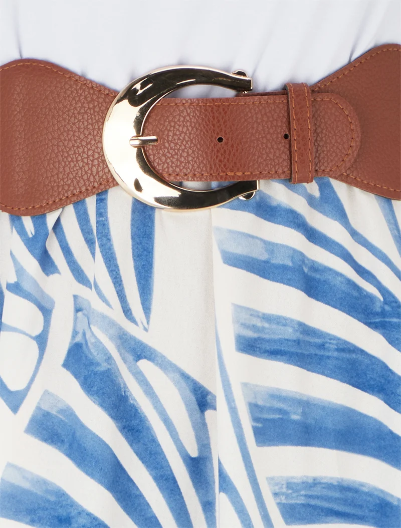 Robe longue sans manches imprimé feuilles - Bleu clair