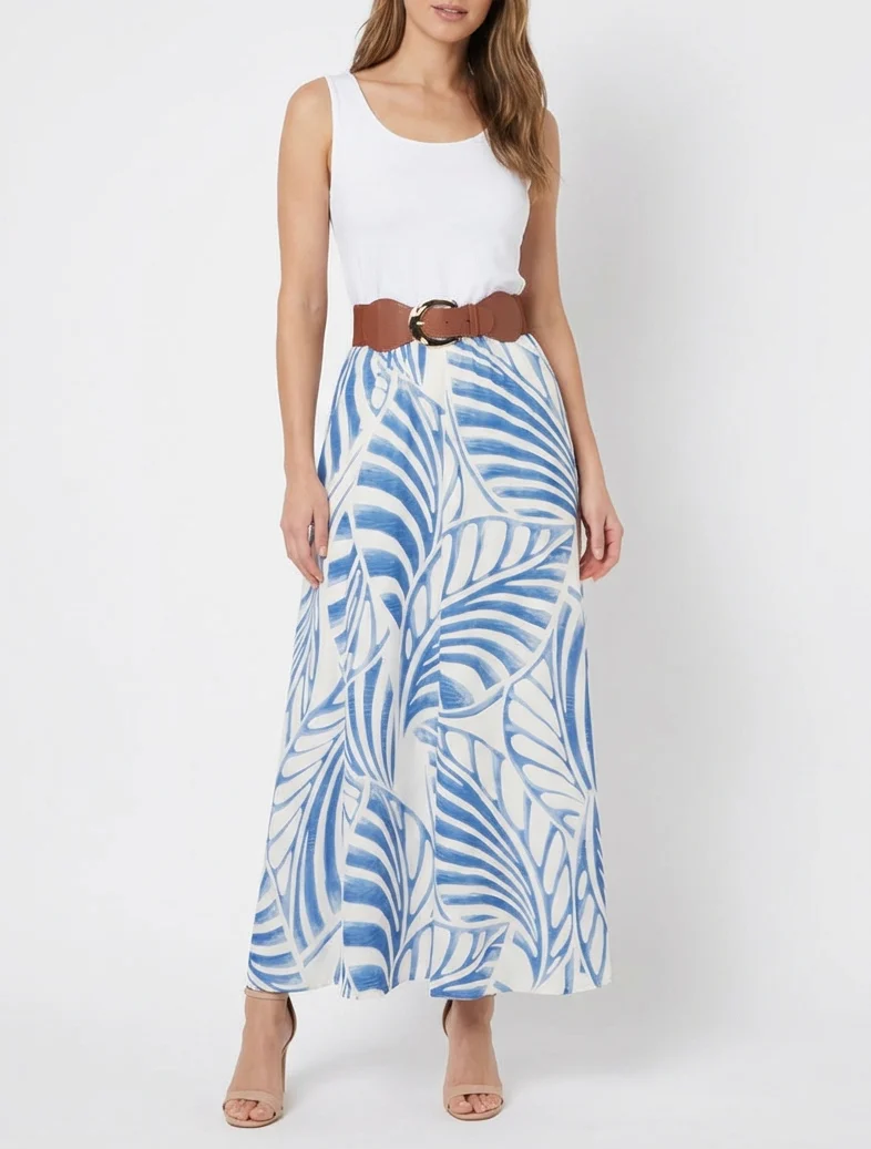 Robe longue sans manches imprimé feuilles - Bleu clair