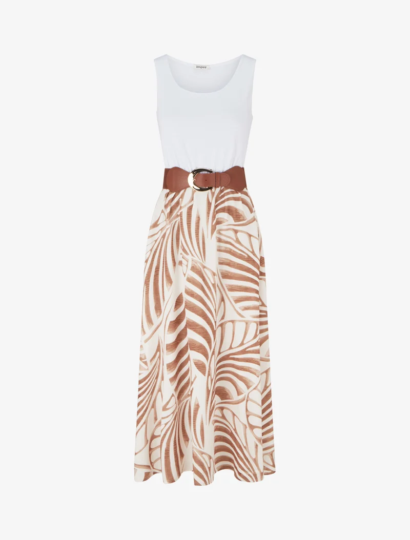 Robe longue sans manches imprimé feuilles - Beige foncé