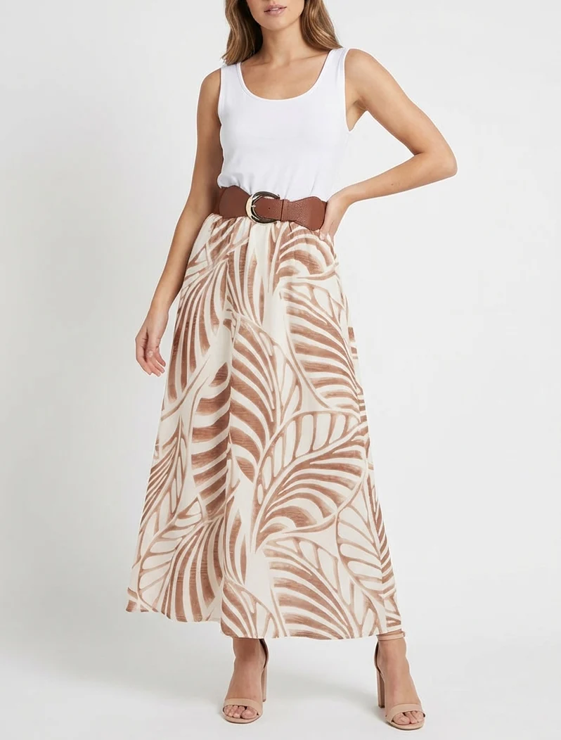 Robe longue sans manches imprimé feuilles - Beige foncé