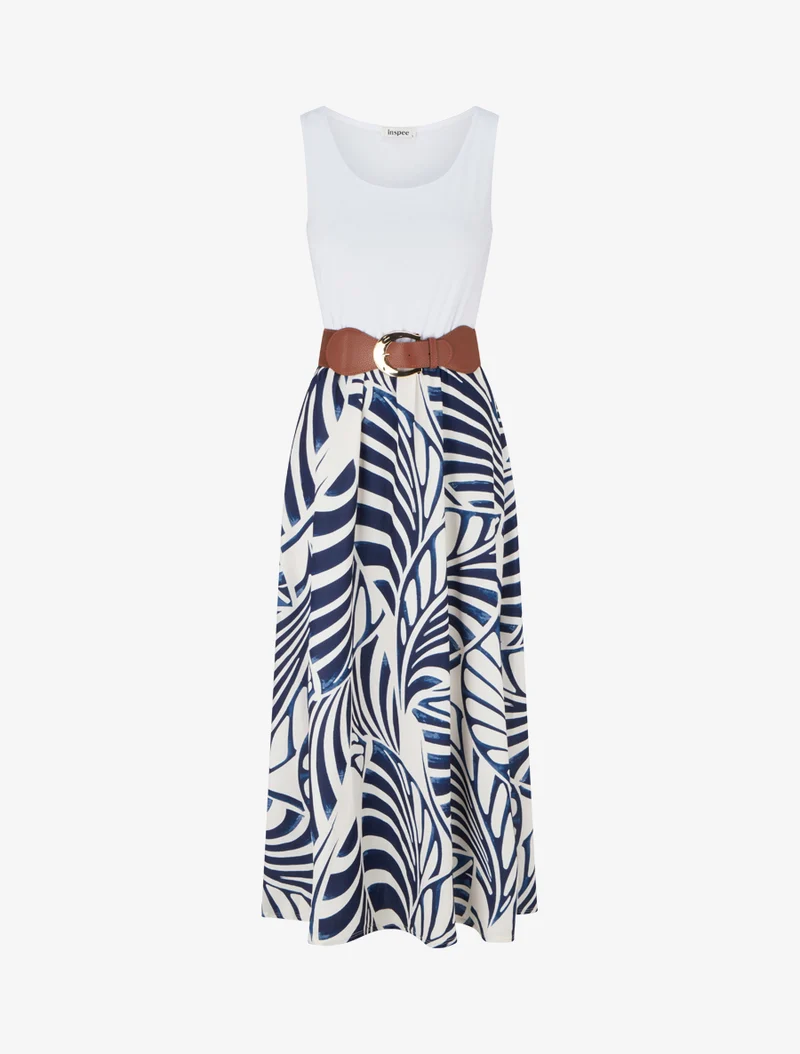Robe longue sans manches imprimé feuilles - Marine