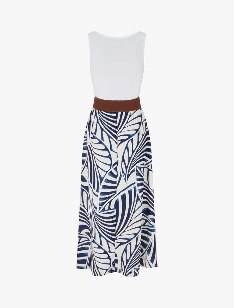 Robe longue sans manches imprimé feuilles - Marine