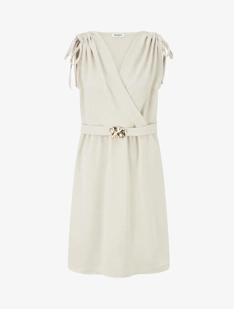 Robe unie à empiècement bijou à la taille - Beige