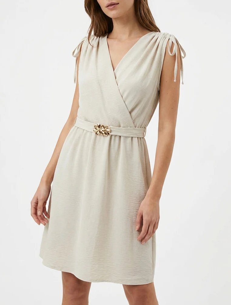 Robe unie à empiècement bijou à la taille - Beige