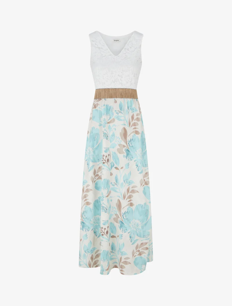 Robe longue à dentelle et imprimé floral - Vert d'eau