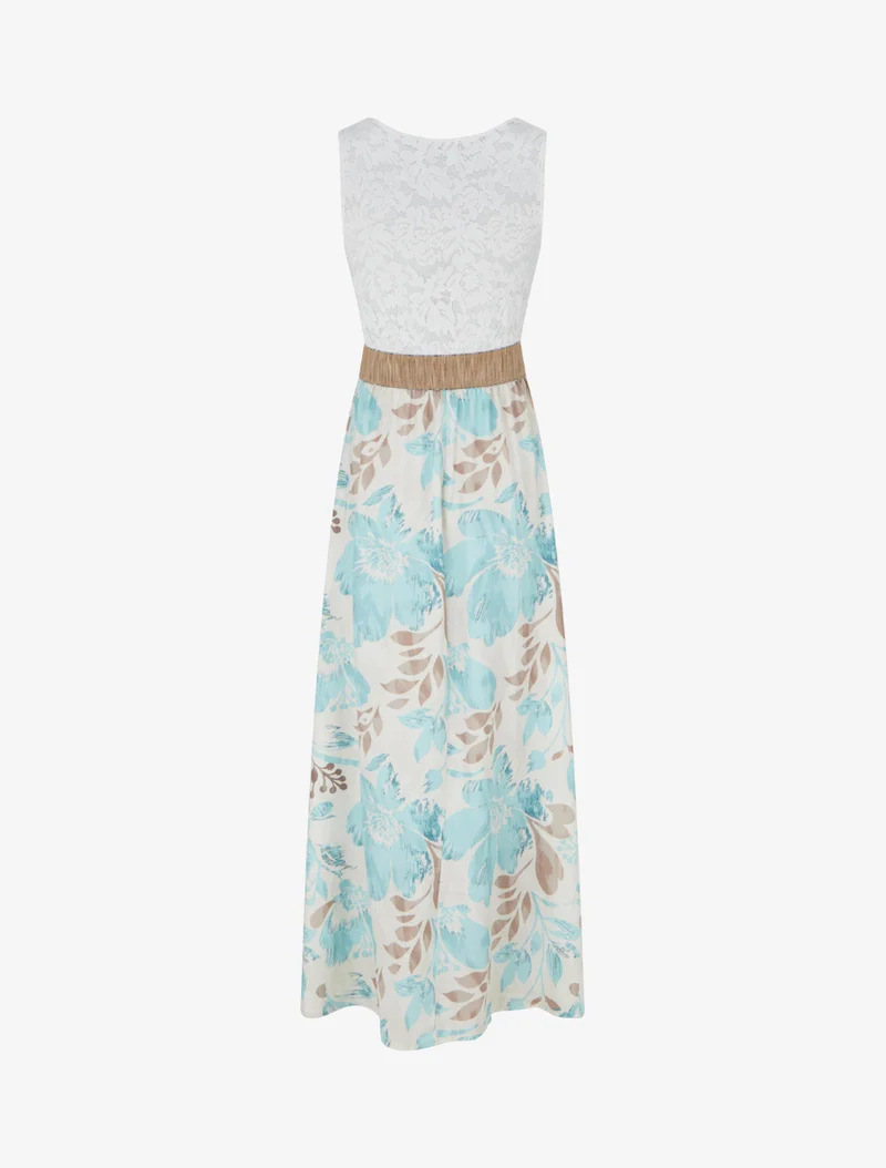 Robe longue à dentelle et imprimé floral - Vert d'eau
