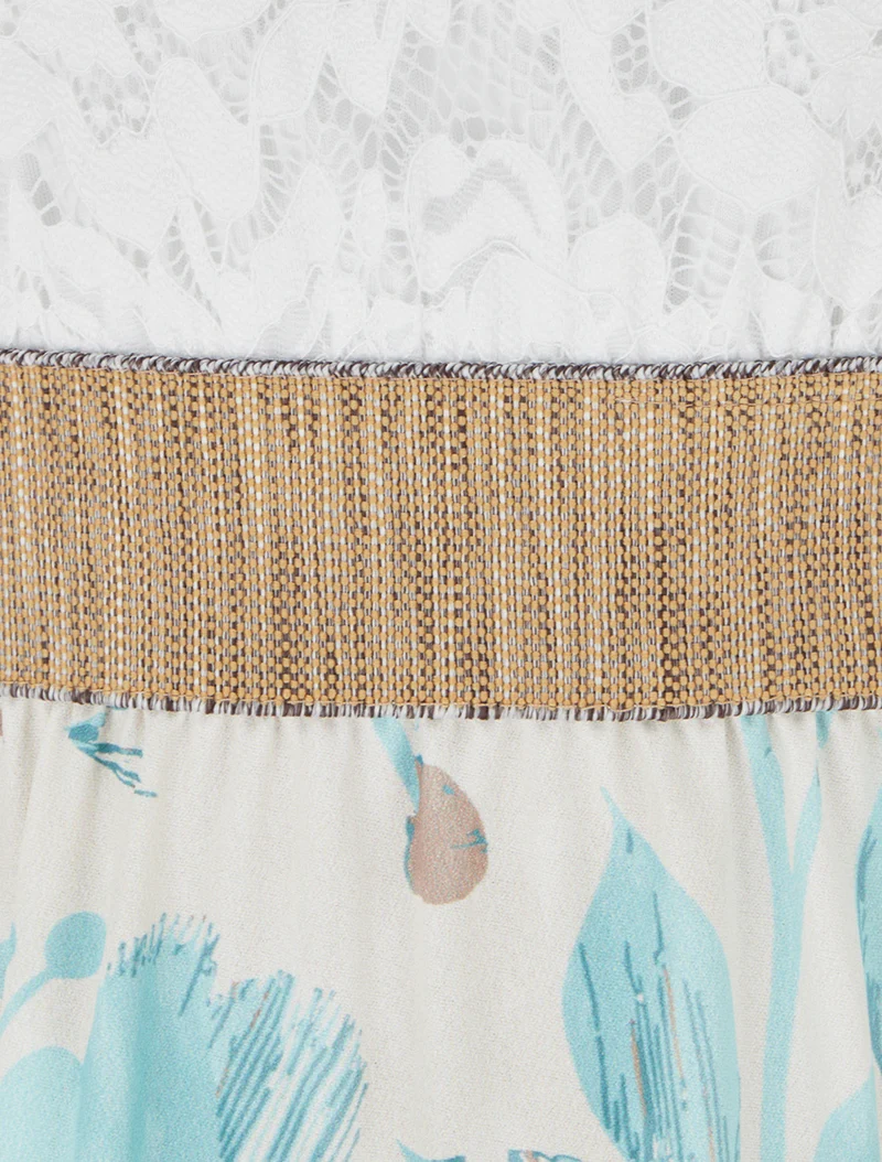 Robe longue à dentelle et imprimé floral - Vert d'eau