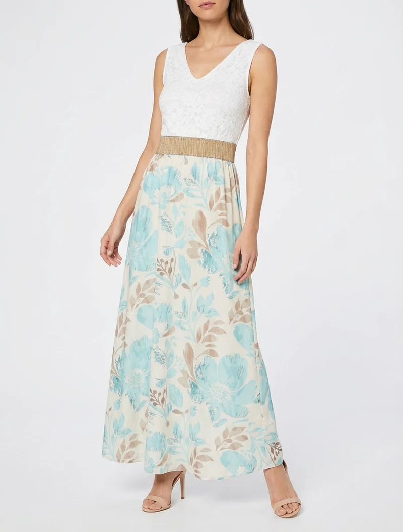 Robe longue à dentelle et imprimé floral - Vert d'eau