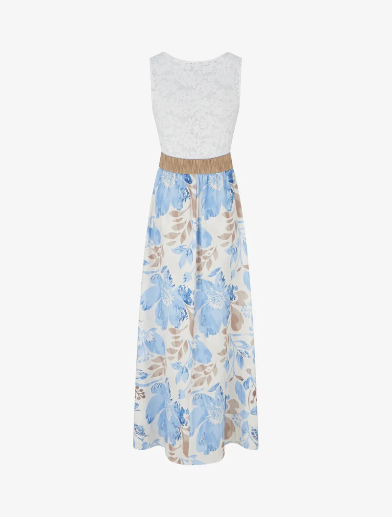 Robe longue à dentelle et imprimé floral - Bleu ciel