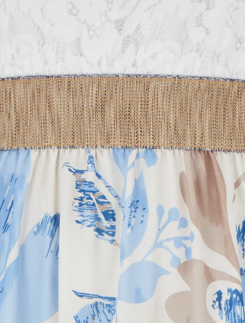 Robe longue à dentelle et imprimé floral - Bleu ciel