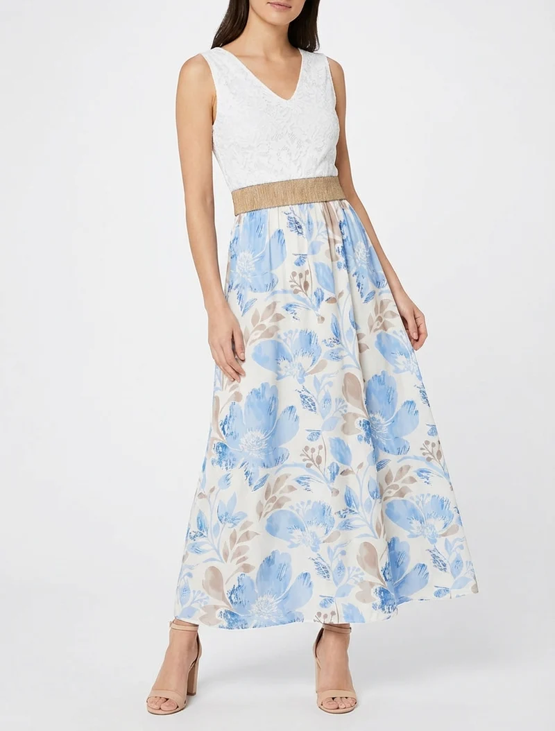 Robe longue à dentelle et imprimé floral - Bleu ciel