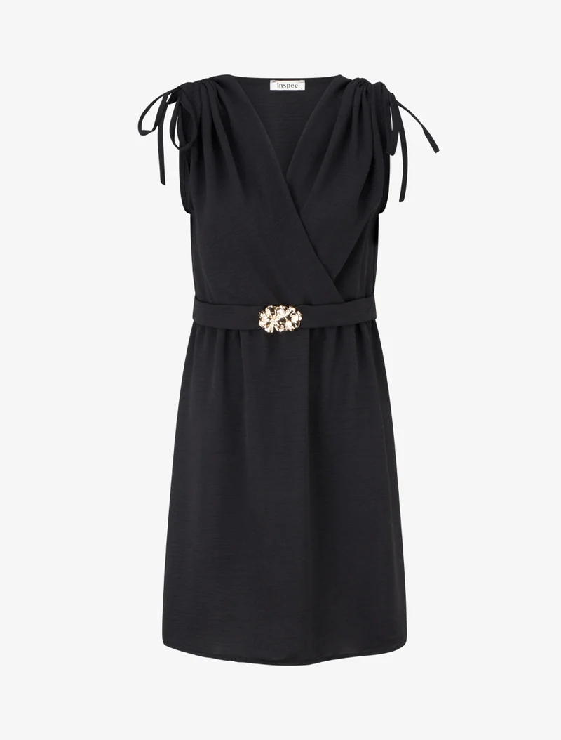 Robe unie à empiècement bijou à la taille - Noir