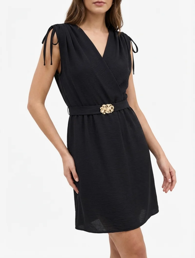 Robe unie à empiècement bijou à la taille - Noir