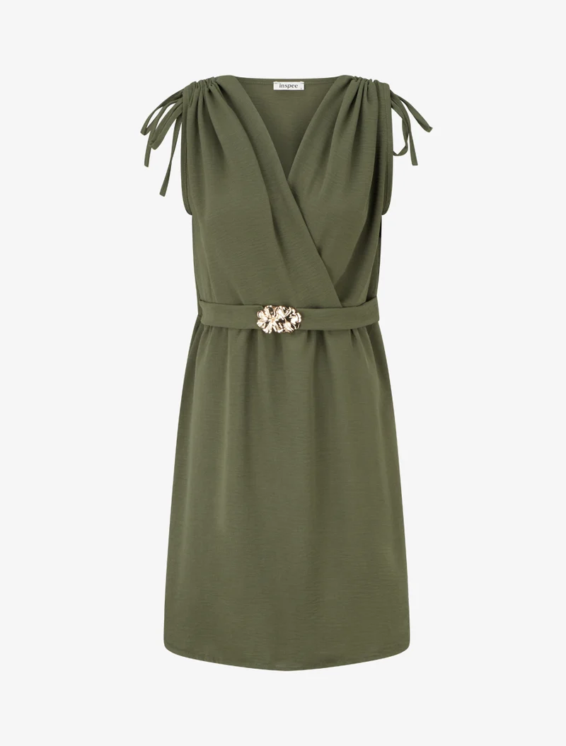 Robe unie à empiècement bijou à la taille - Kaki