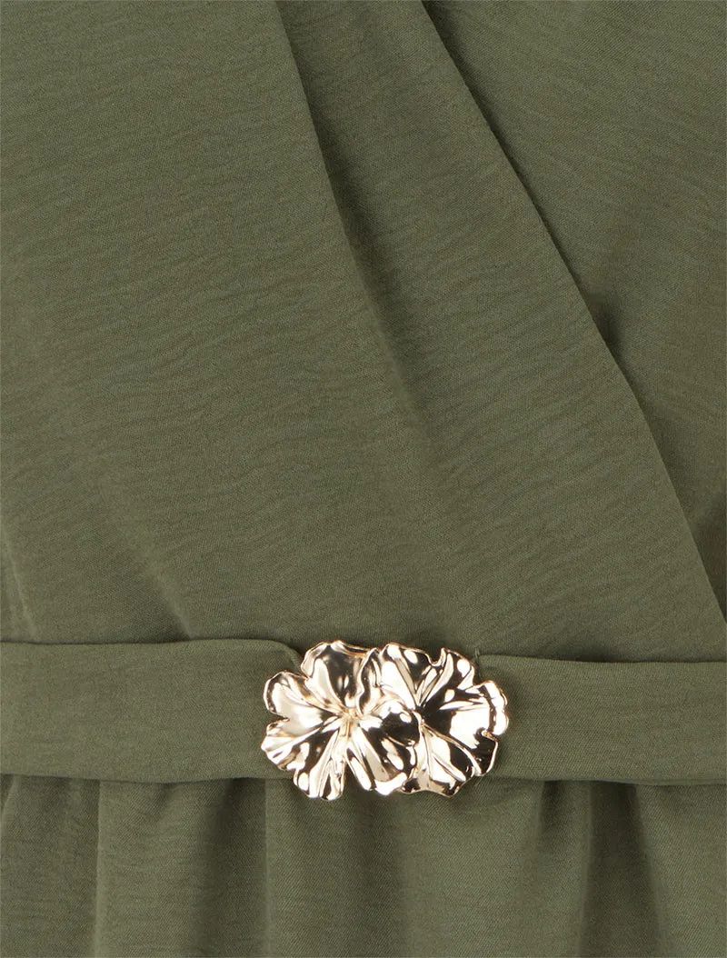 Robe unie à empiècement bijou à la taille - Kaki