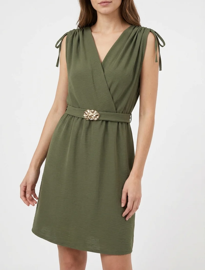 Robe unie à empiècement bijou à la taille - Kaki