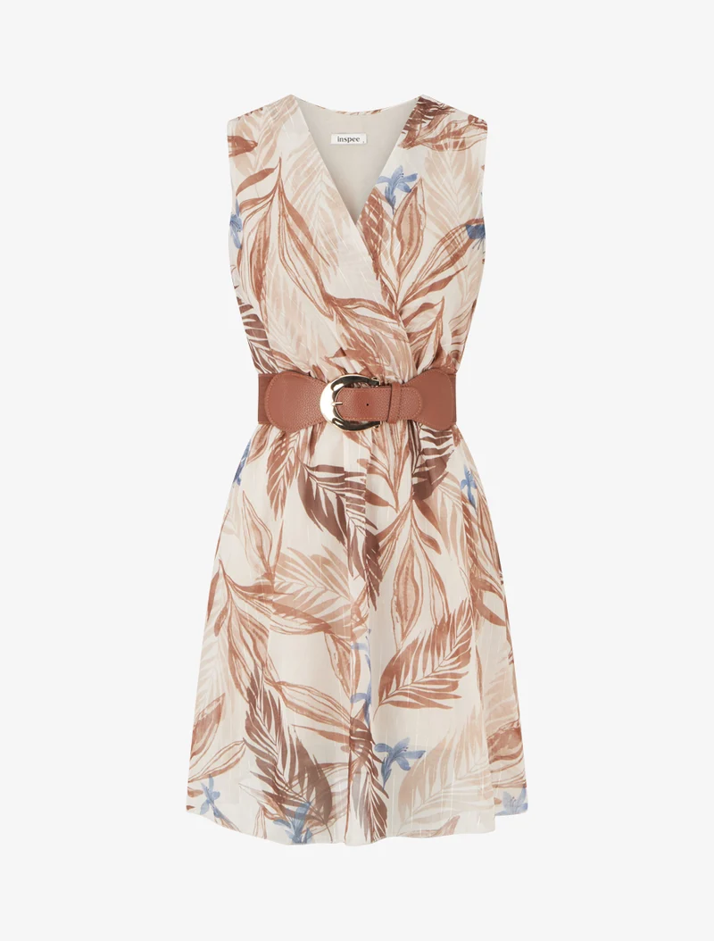 Robe imprimé feuillage à rayures irisés - Camel
