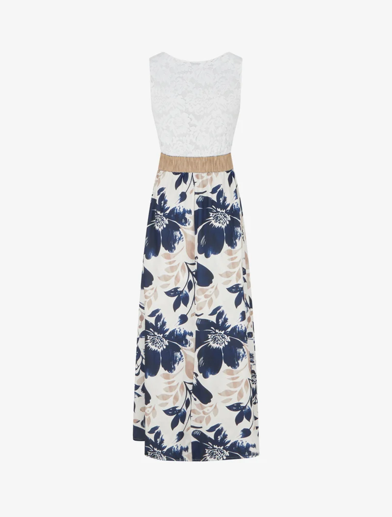 Robe longue à dentelle et imprimé floral - Marine