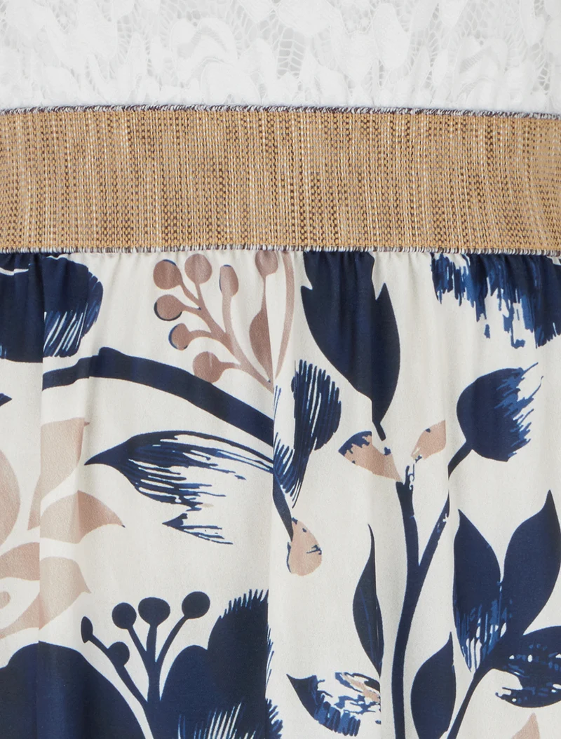 Robe longue à dentelle et imprimé floral - Marine