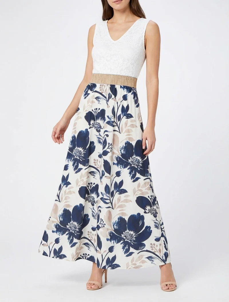 Robe longue à dentelle et imprimé floral - Marine