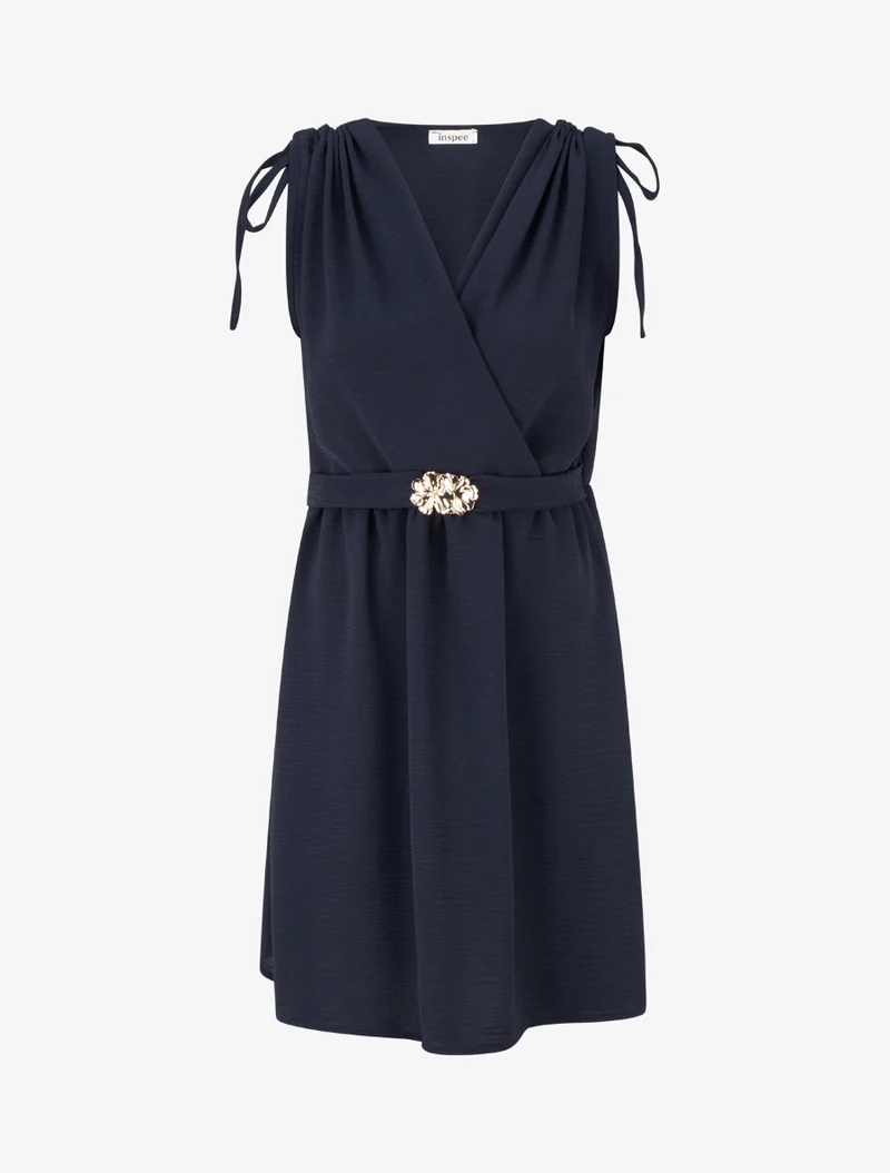 Robe unie à empiècement bijou à la taille - Marine