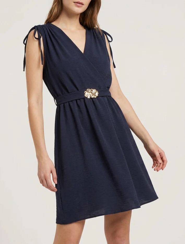Robe unie à empiècement bijou à la taille - Marine