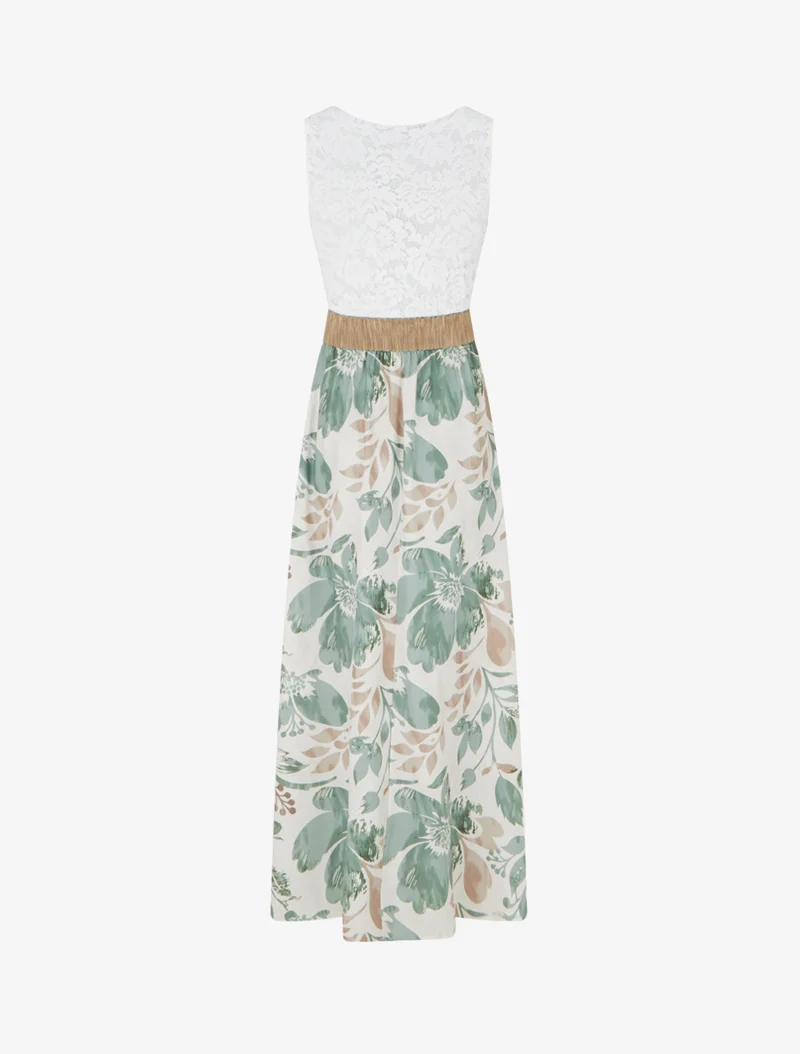 Robe longue à dentelle et imprimé floral - Kaki clair