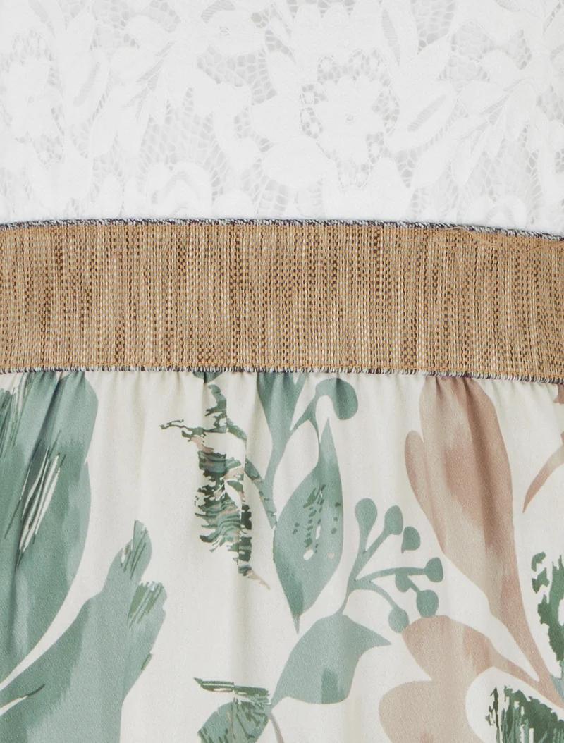 Robe longue à dentelle et imprimé floral - Kaki clair