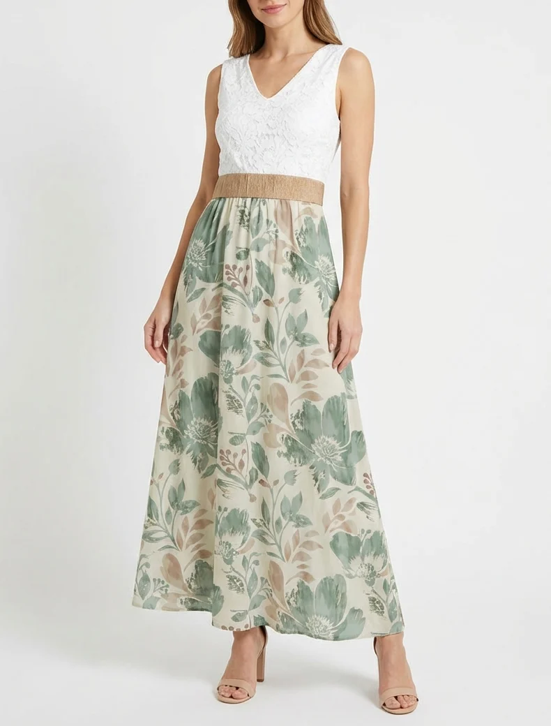 Robe longue à dentelle et imprimé floral - Kaki clair