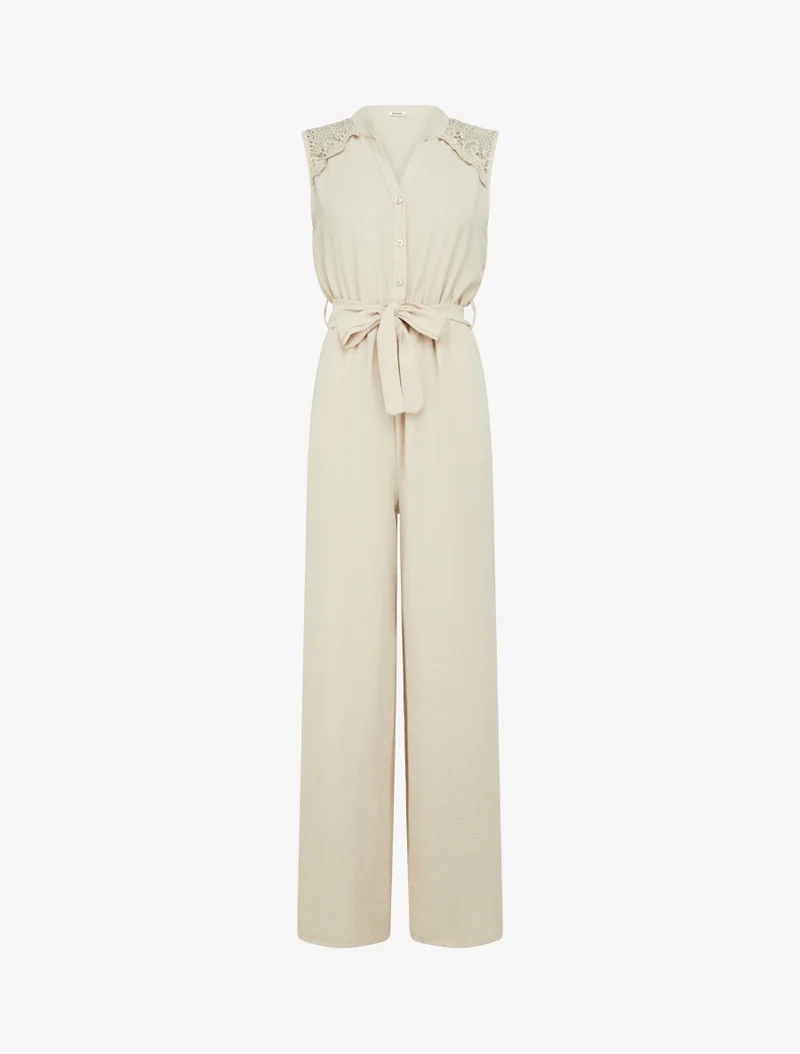 Combinaison boutonnée à épaules en dentelle - Beige
