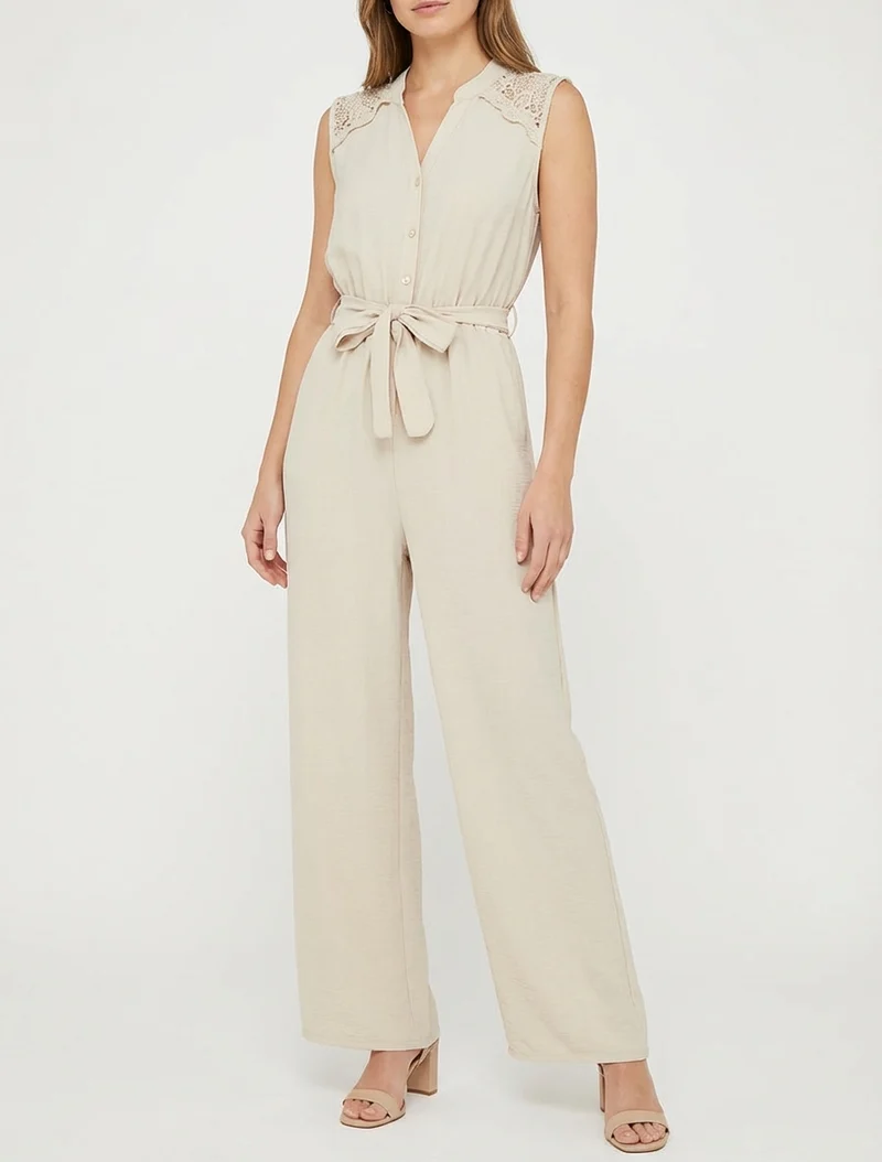 Combinaison boutonnée à épaules en dentelle - Beige