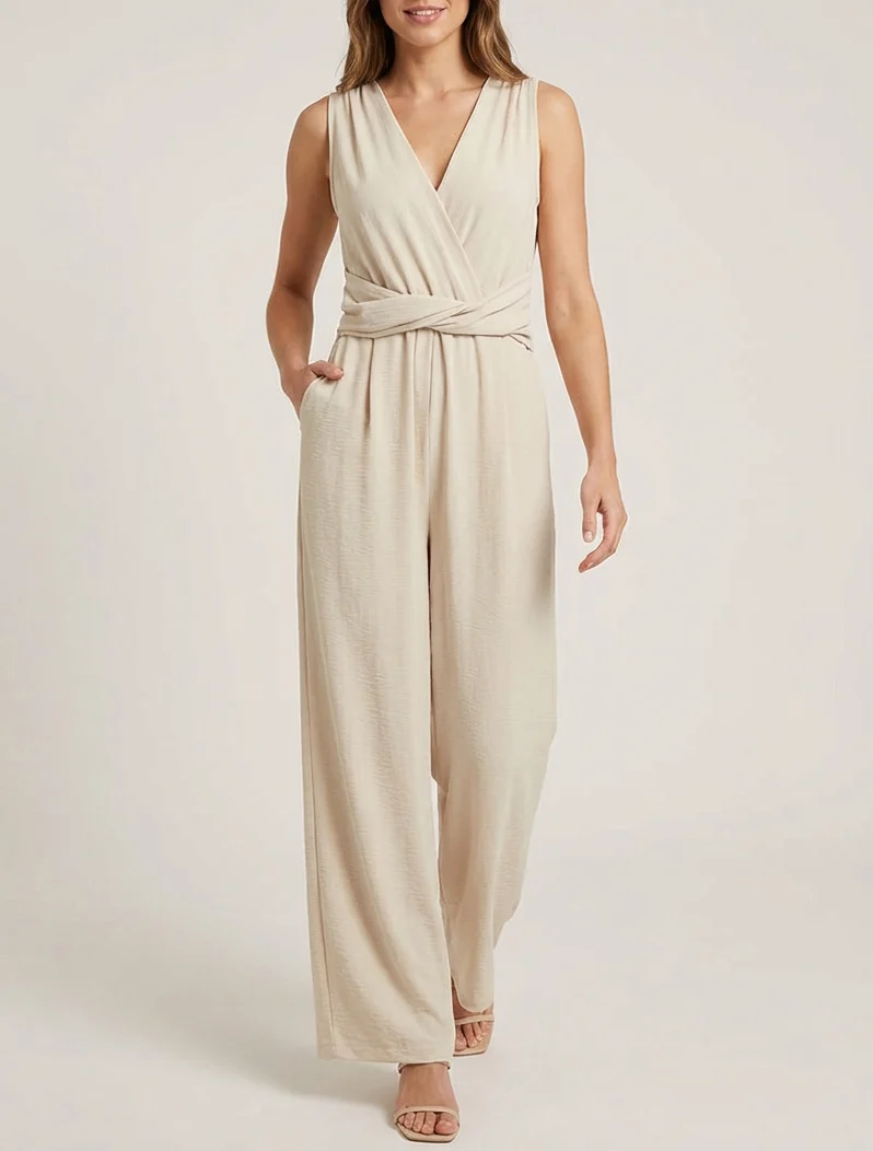Combinaison sans manches à ceinture torsadée - Beige