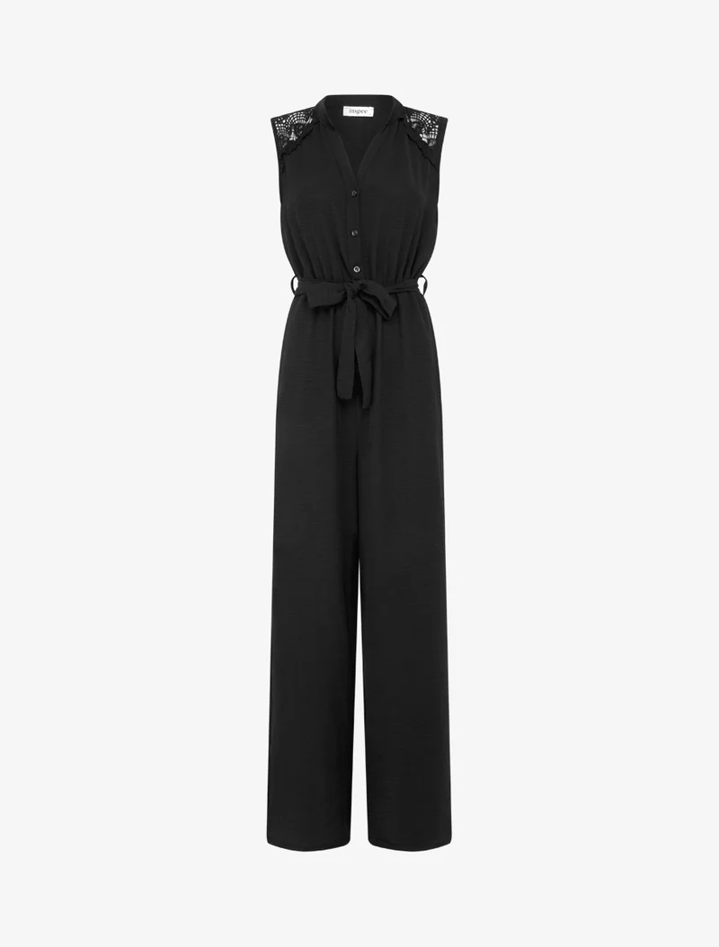 Combinaison boutonnée à épaules en dentelle - Noir
