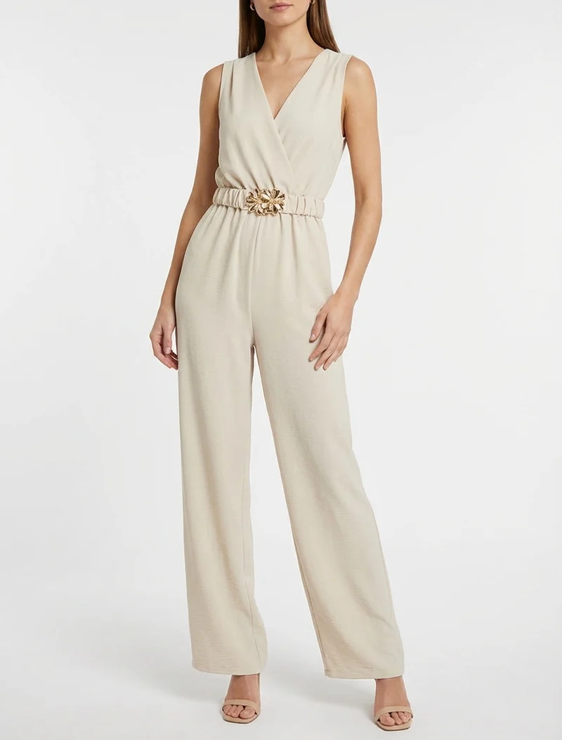 Combinaison sans manches à ceinture - Beige