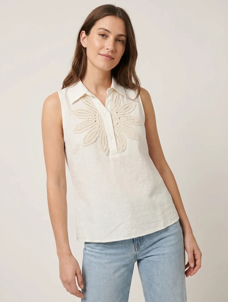 Chemisier sans manches à broderie floral - Écru