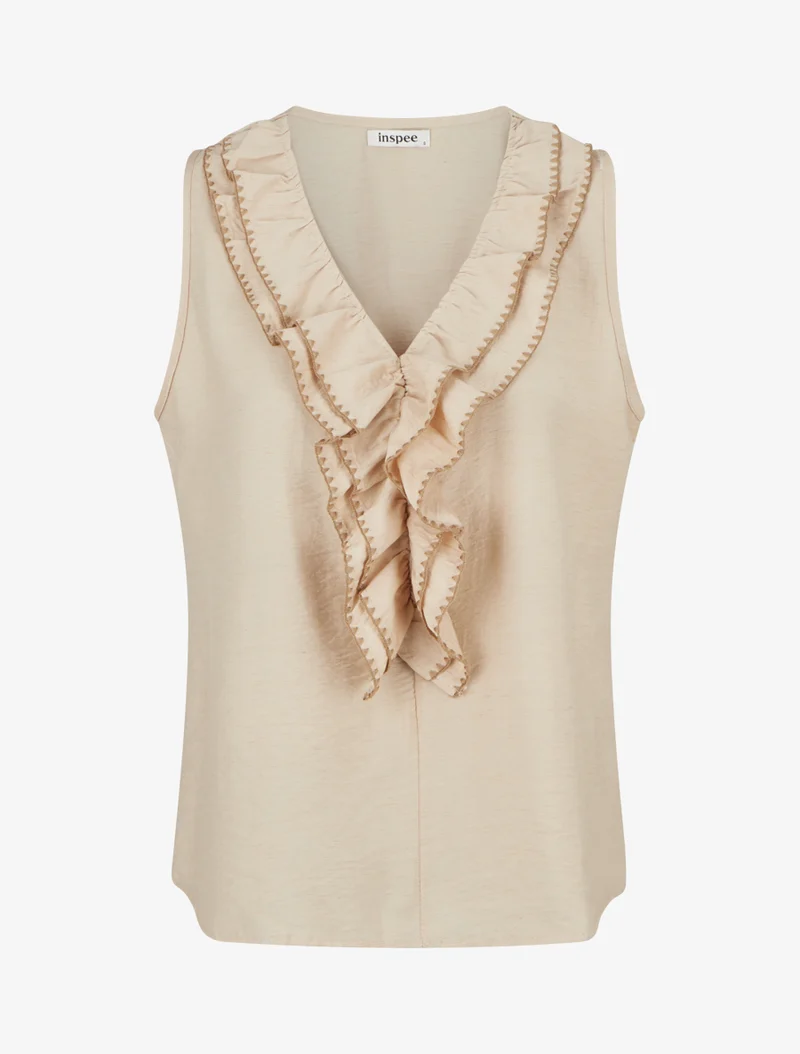 Top sans manches à col V volanté - Beige