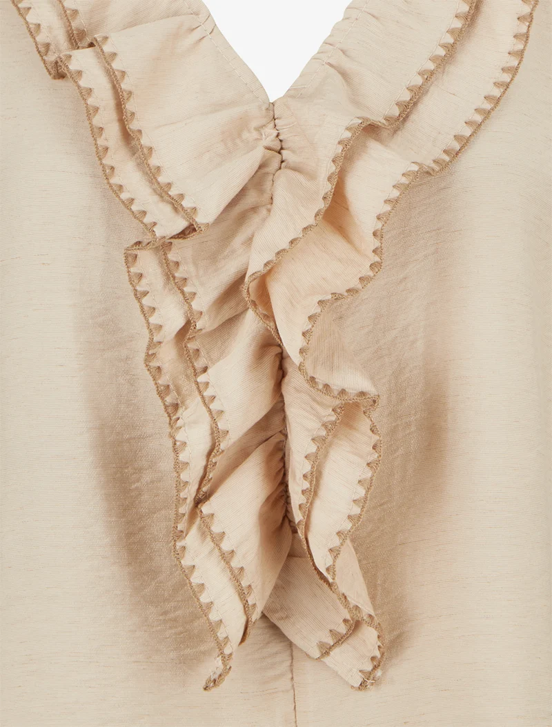 Top sans manches à col V volanté - Beige