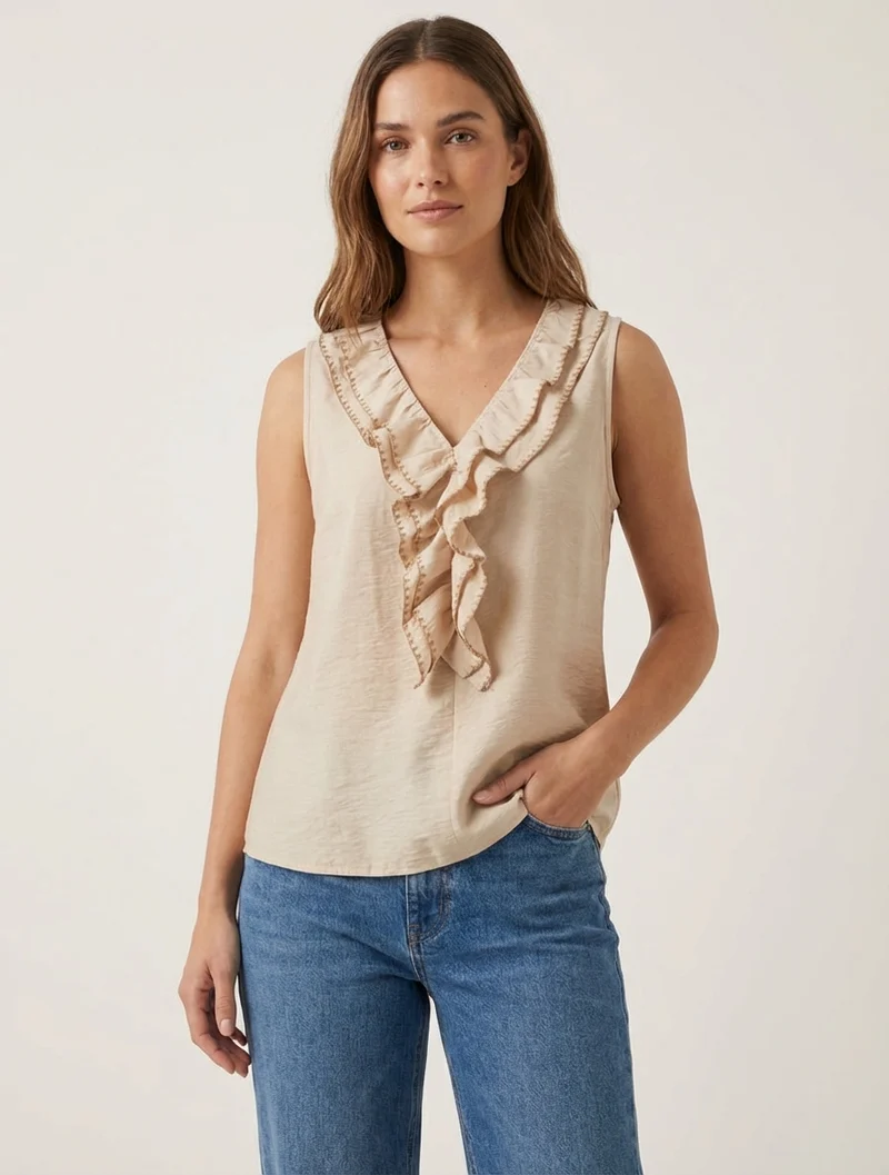 Top sans manches à col V volanté - Beige