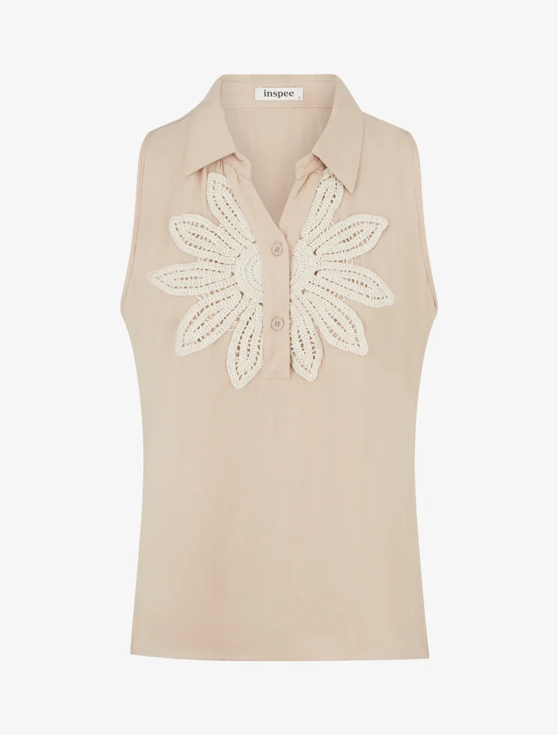 Chemisier sans manches à broderie floral - Beige