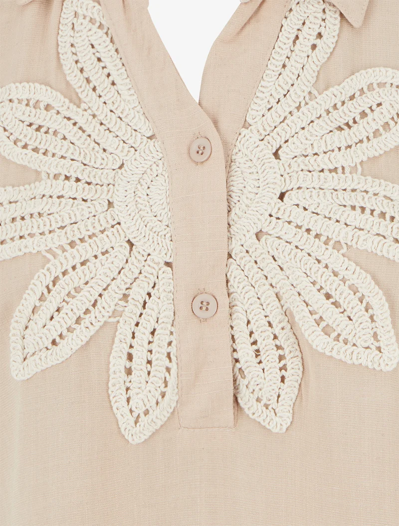 Chemisier sans manches à broderie floral - Beige