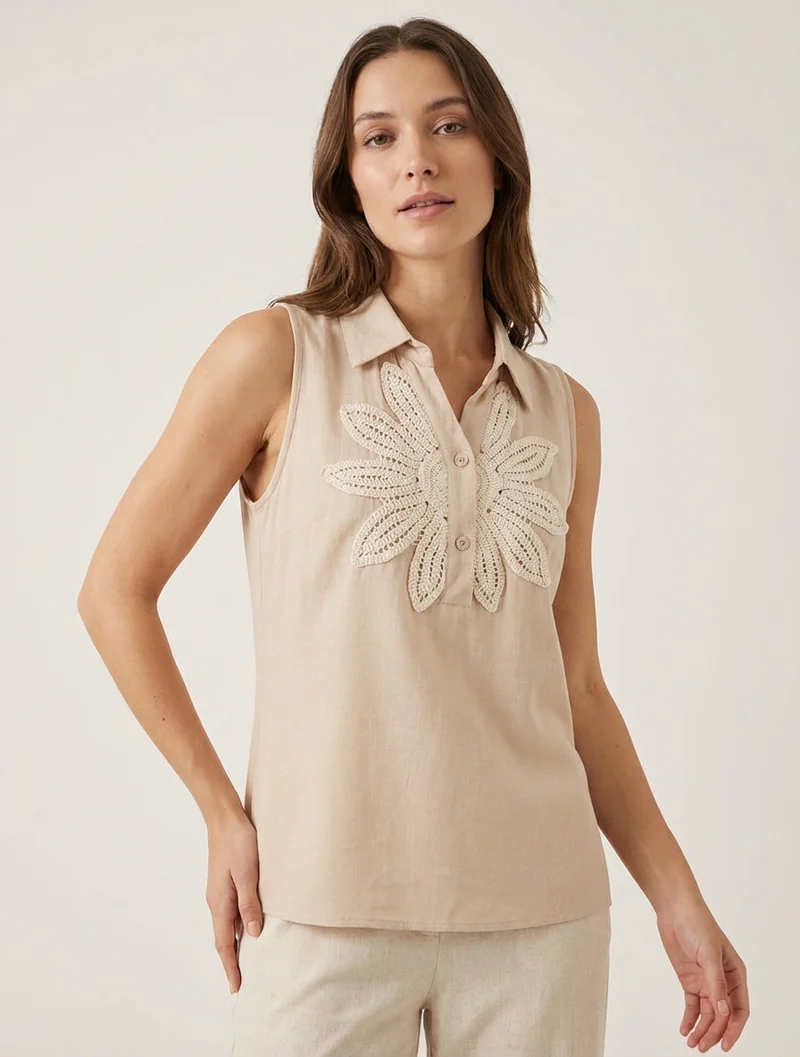 Chemisier sans manches à broderie floral - Beige