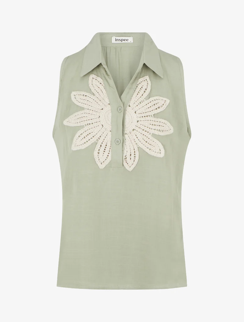 Chemisier sans manches à broderie floral - Vert amande