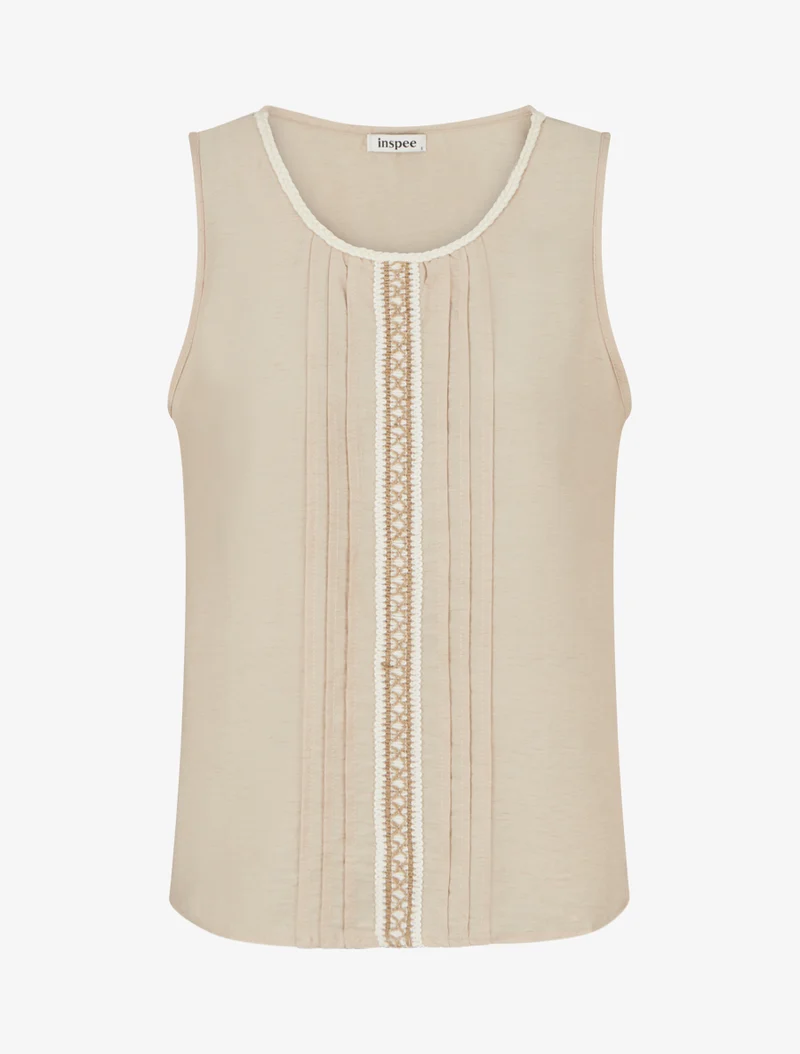Top sans manches à col rond et broderie - Beige